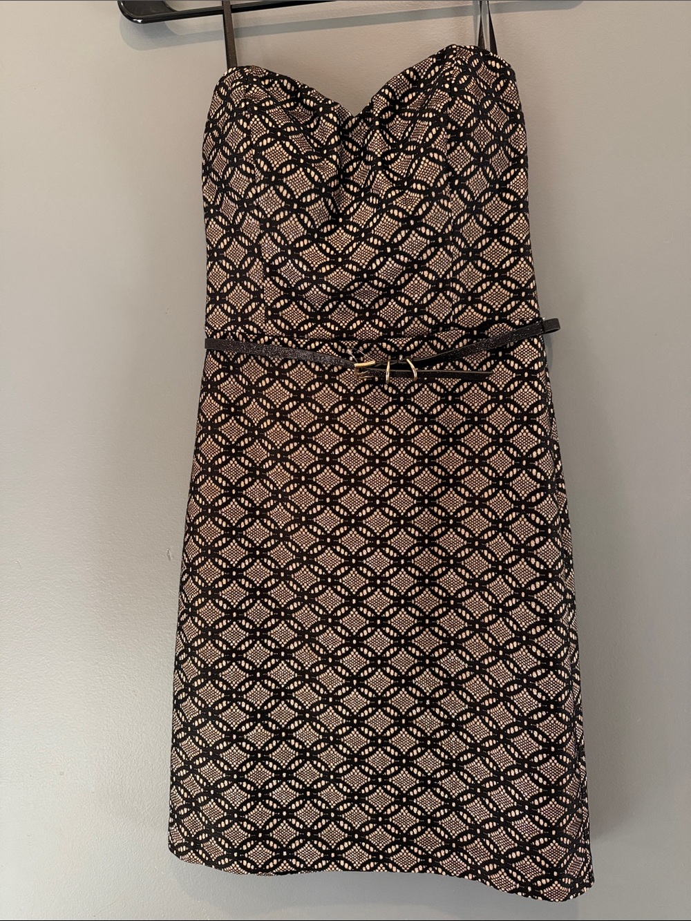 Strapless Black and Gold Patterned Sheath Dress